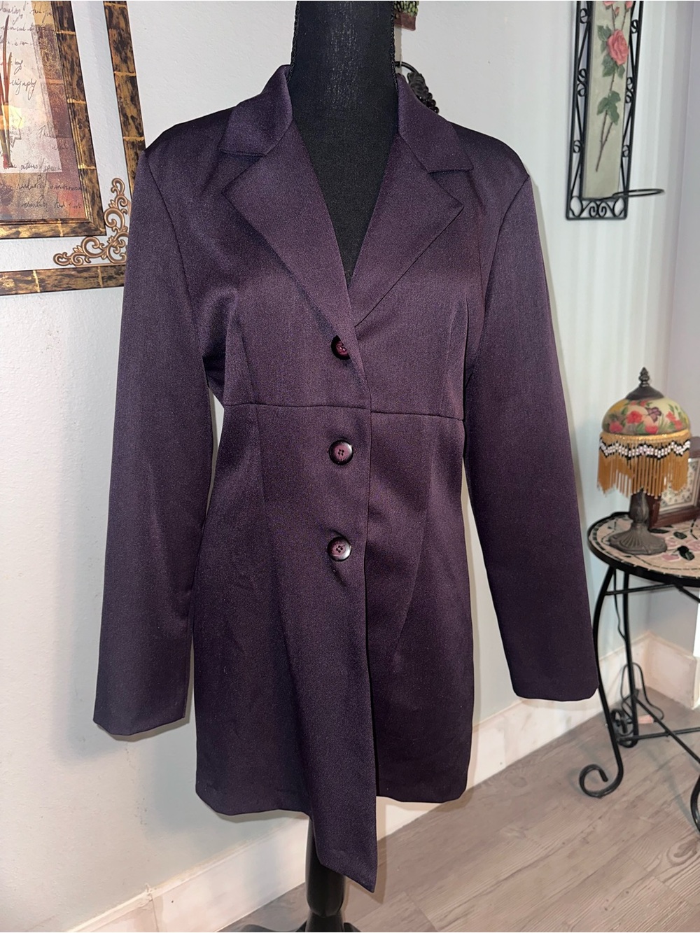 Vintage 90s La Belle Fashions Dark Plum Purple Collared Blazer Coat Jacket, 11
